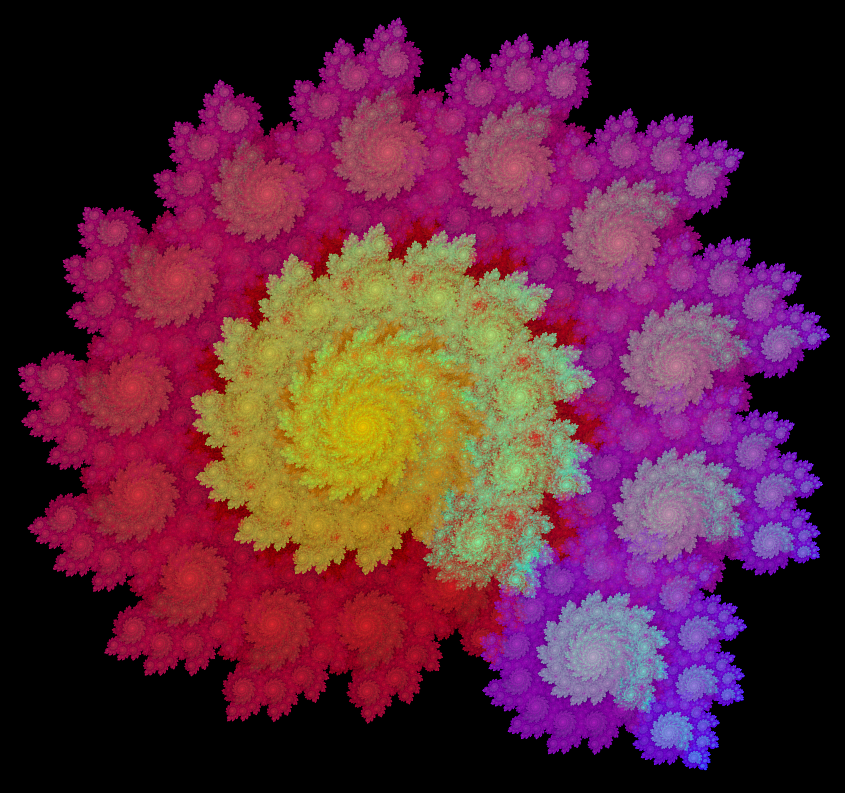 Brightly colored image is a linear IFS fractal rendered by a homemade version of the fractal flame algorithm