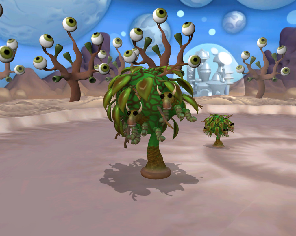 Screen shot of a game showing trees with cartoonish eyeballs on the branches and cows up in the trees. The photo title is 