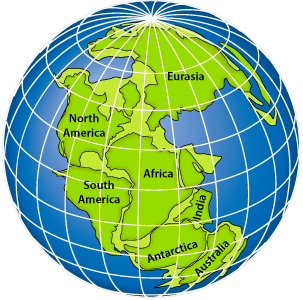 A globe showing the continents crammed together in one larger mass.