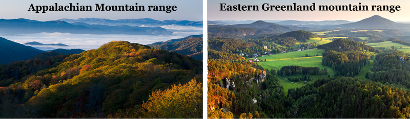 A side-by-side comparison of the Appalachian mountain range and the Eastern Greenland mountain range