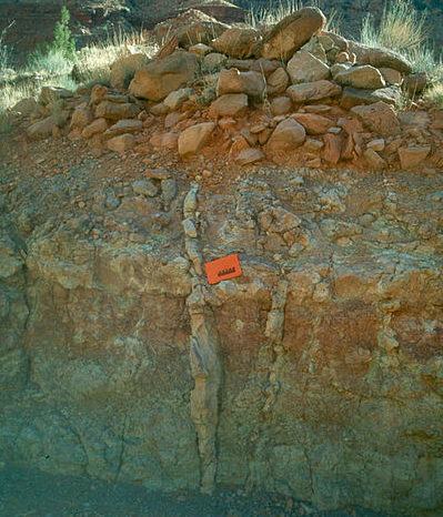Clastic dike in the Chinle Formation in the Island In the Sky District of Canyonlands National Park, Utah. Taken May 9, 2002. Scale bar on notebook is 10 cm.