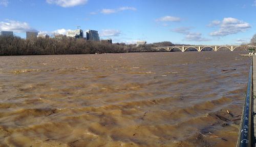 Photograph of a river; the water is brown due to the high concentration of sediments.