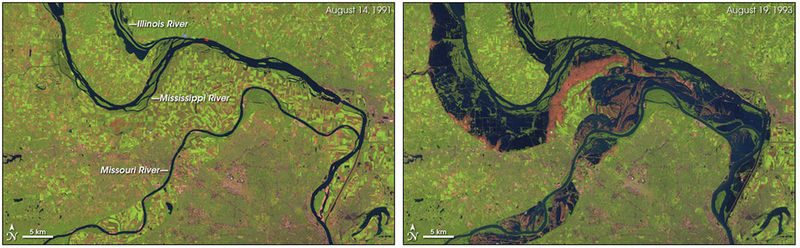 In 1991, water levels were low, making the rivers appear much smaller. In 1993, water levels were high, and water filled portions of the floodplain.