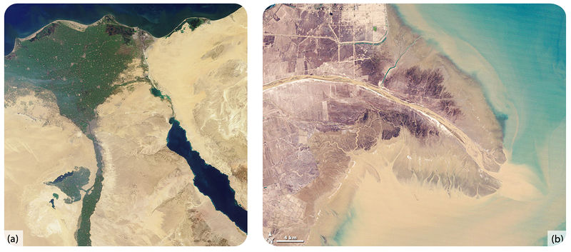 A) The Nile River as seen from space. The area around the Nile River is green with vegetation and sharply contrasts with the desert around it. B) The Yellow River as seen from space, with many small tributaries branching off of it.