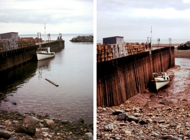 A two part image. Part a shows a boat floating on the water next to a dock. Part b shows the same boat resting on the ocean floor next to the bottom of the dock.