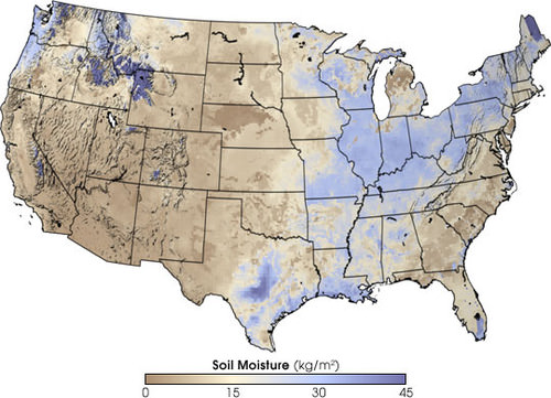 Soil moisture in the US. Moisture is concentrated around the Northwest corner, Yellowstone park, the northeast, central Texas, and southern Louisiana. The western states have particularly low moisture.