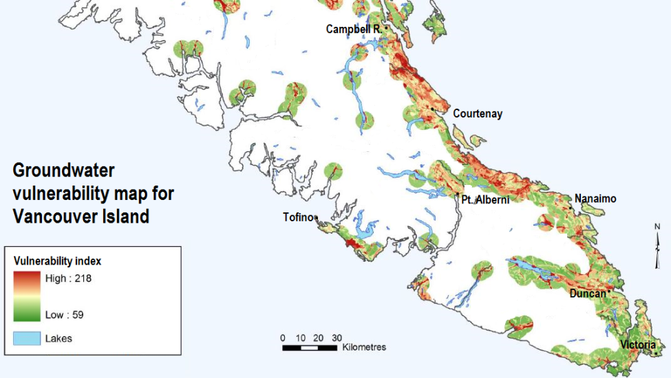 The vulnerability to anthropogenic contamination of aquifers on southern Vancouver Island. Much of the island is not mapped (shown as white) because of a lack of aquifer information in areas without wells.