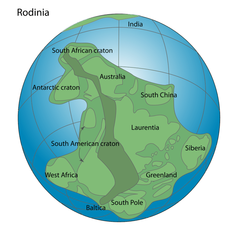 Rodinia, a supercontinent that includes West Africa, the South American craton, Antarctic craton, South African craton, Australia, South China, Laurentia, Siberia, and Greenland.