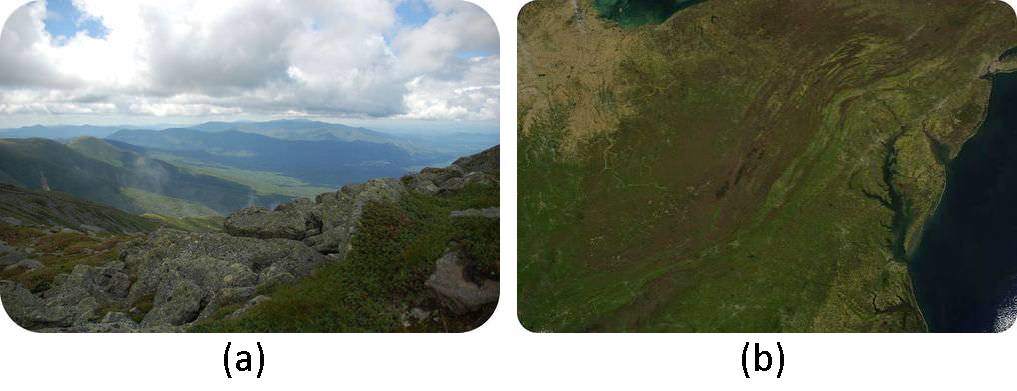 A two part image. Part A: The Appalachian Mountains in New Hampshire. Part B: Satellite map of the Appalachian Mountains