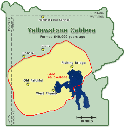 Diagram of the Yellowstone Caldera. It covers much of the northwest corner of Wyoming and spans more than 30 miles across