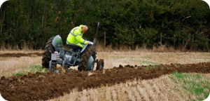 Farmer tilling a garden using a tractor.