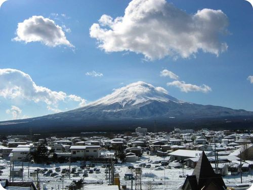 View of Mt. Fuji from a town at its feet.