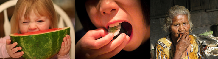 Photograph “left” shows a child eating watermelon. Photograph “center” shows a young person eating sushi. Photograph “right” shows an elderly person eating food.