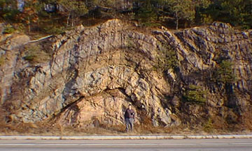 The man is only about one fourth as tall as the anticline. The different layers of rock are easily distinguished from one another as they each are different shades of color.