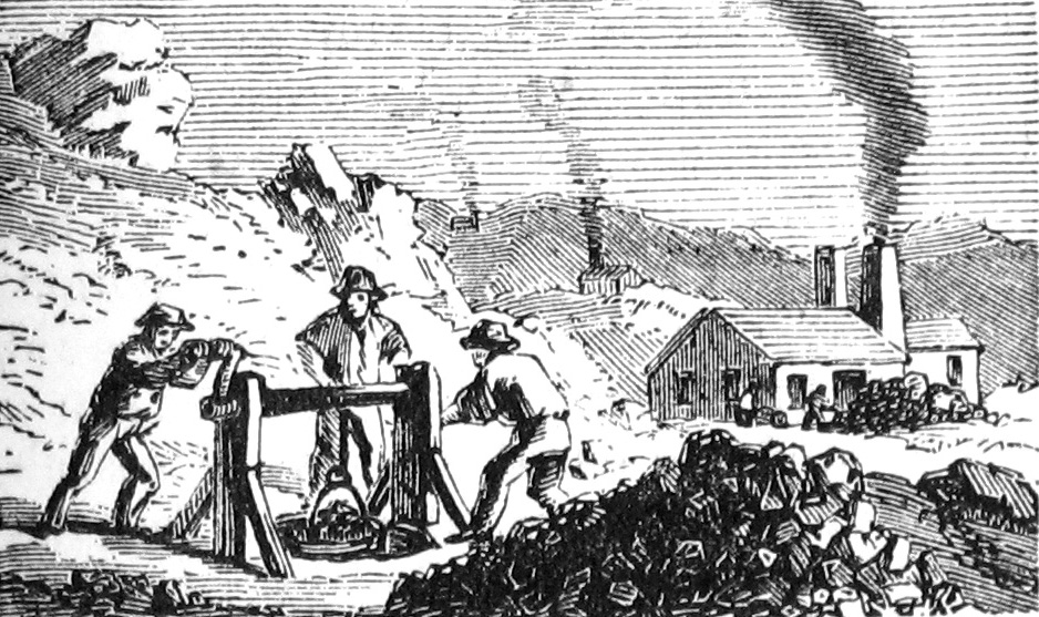 Sketch of men mining lead. They are cranking a bucket out of a hole in the ground.
