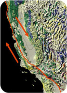 Figure 12. At the San Andreas Fault in California, the Pacific Plate is sliding northeast relative to the North American plate, which is moving southwest. At the northern end of the picture, the transform boundary turns into a subduction zone.