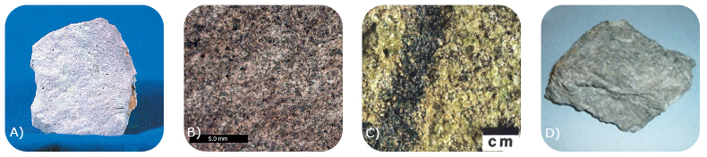 Figure 7. These are photos of A) rhyolite, B) gabbro, C) peridotite, and D) komatiite.