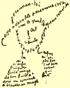 French words arranged on a page to form a sketch of a man wearing a hat