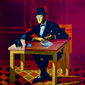 Painting of a man in a suit and hat seated at a table, writing, against a vivid red wall
