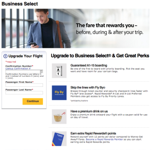 Screenshot of Business Select information page, showing a man in an airport checking his phone. Text reads “The fare that rewards you—before, during & after your trip.” An info box titled “Upgrade Your Flight” is on the left, and a list of items appears next to that with the title “Upgrade to Business Select & Get Great Perks.”