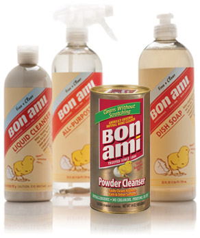 Photo of Bon Ami cleaning products: the original powder cleanser, newer liquid cleanser, all-purpose cleanser, and dish soap.