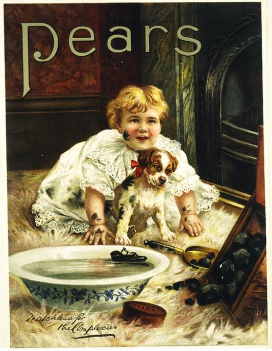 Pears advertisement. Features a small child and puppy near a fireplace. A basket of coals has spilled, and the child and puppy are covered in soot marks.