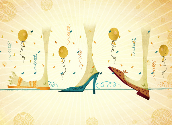 Sketch showing three different feet, each with a different shoe, in a line. Balloons and confetti are in between. Drawing was made as a preliminary sketch for a Zappos TV commercial.