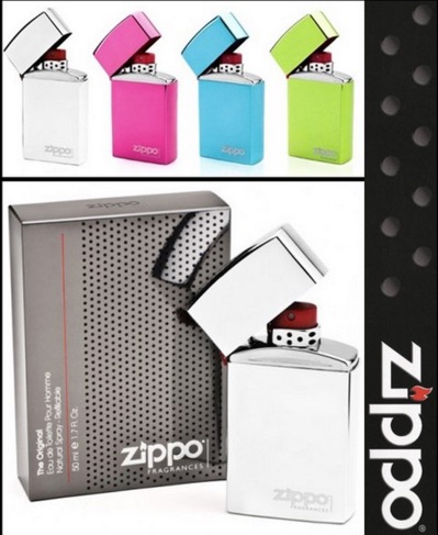 A line of Zippo perfume bottles in different colors.