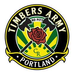 Timbers Army Portland. No pity. Two crossed axes behind a rose. In the background is a sun with sunbeams coming out and the initials CR.
