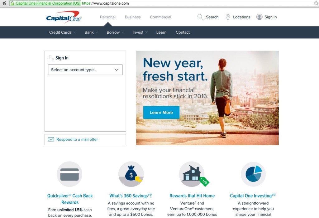 Screenshot of the Capital One website. Navigational controls are at the top of the screen. An image shows a person stretching and preparing to go for a run with the caption New year, fresh start, make your financial resolutions stick in 2016. At the bottom of the screenshot, icons link to more information about various CapitalOne programs such as Quicksilver Cash Back Rewards.