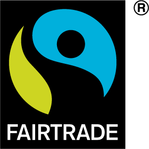The Fair Trade logo. It features swirls that form the top half of a stick person superimposed on a circle.