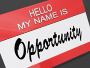 A name tag that reads Hello my name is opportunity.