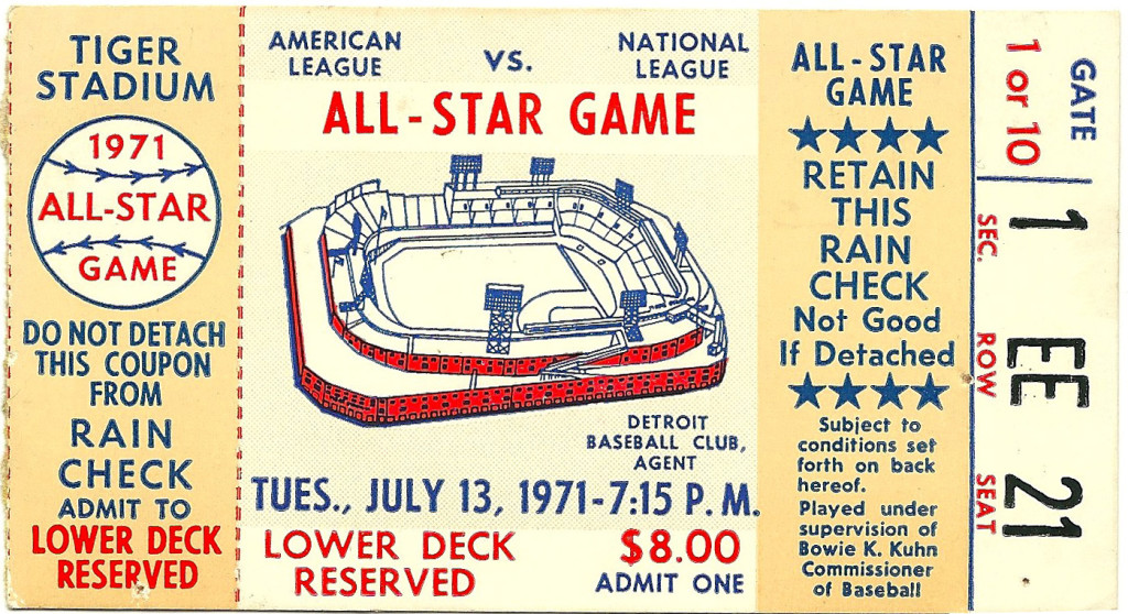 Ticket stub for the All-Star Baseball Game on Tues., July 14, 1971. 