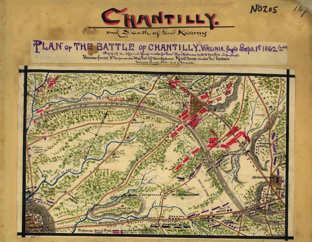 Photo of hand-drawn map, colored in black, red, blue and green, labeled Chantilly, mounted on archival paper.