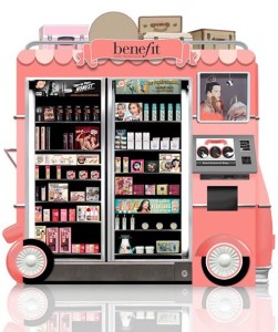 Benefit vending machine. It is pink and shaped like an ice cream truck. Inside is a wide selection of makeup and beauty products.