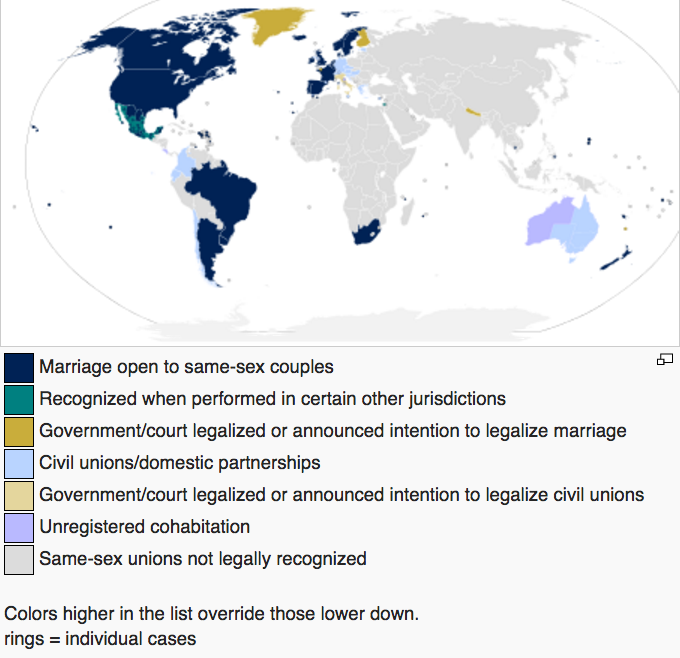 Map of where same-sex marriage is legalized. Countries include Argentina, Belgium, Canada, Iceland, Norway, Portugal, Sweden, South Africa, Spain, Canada, the Netherlands, and others. 