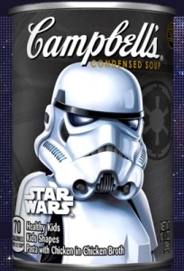 A can of Campbells soup. The label has a picture of a stormtrooper from the Star Wars franchise.
