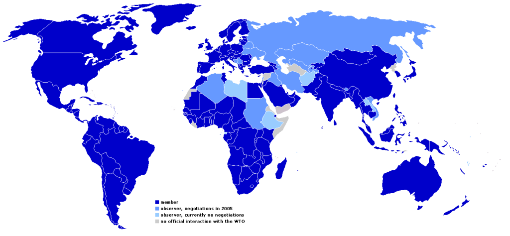 Map of WTO countries. Most countries are members. A few in Africa and Asia, including Russia, are passive observers who were in negotiations in 2005.