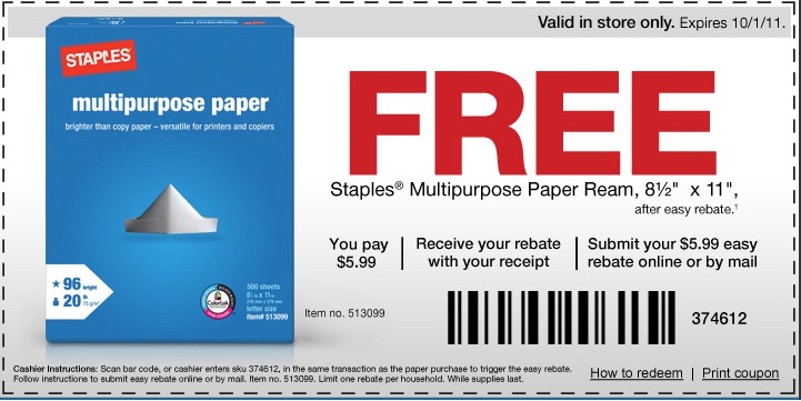 A Staples coupon for multipurpose paper. It promises a free multipurpose paper ream. You pay $5.99, and Staples will send your rebate with a receipt.