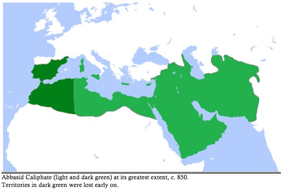 Abbasid Caliphate (light and dark green) at its greatest extent, c. 850.  