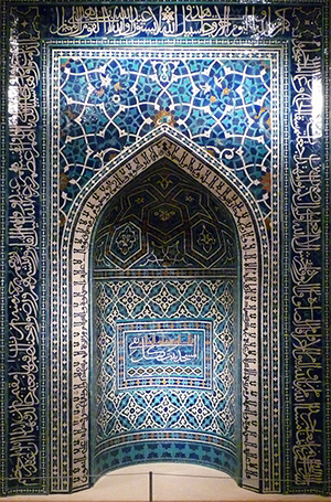 Mihrab (prayer niche), 1354–55 (A.H. 755), just after the Ilkhanid period, Madrasa Imami, Isfahan, Iran, polychrome glazed tiles, 135-1/16 x 113-11/16 inches / 343.1 x 288.7 cm (Metropolitan Museum of Art)