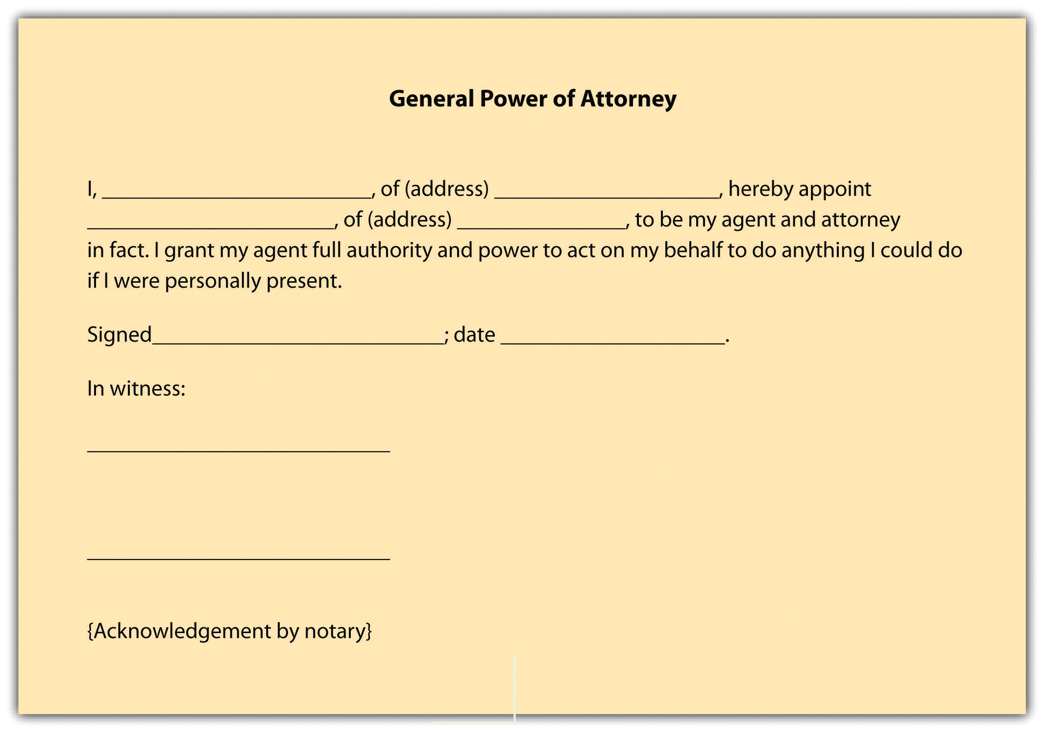 Image of a General Power of Attorney. It reads that a person grants another person 