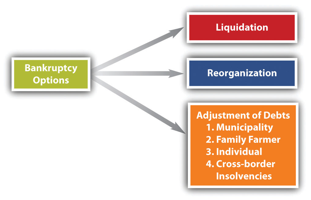 Chart showing that a bankruptcy can lead to liquidation, reorganization, or adjustment of debts.