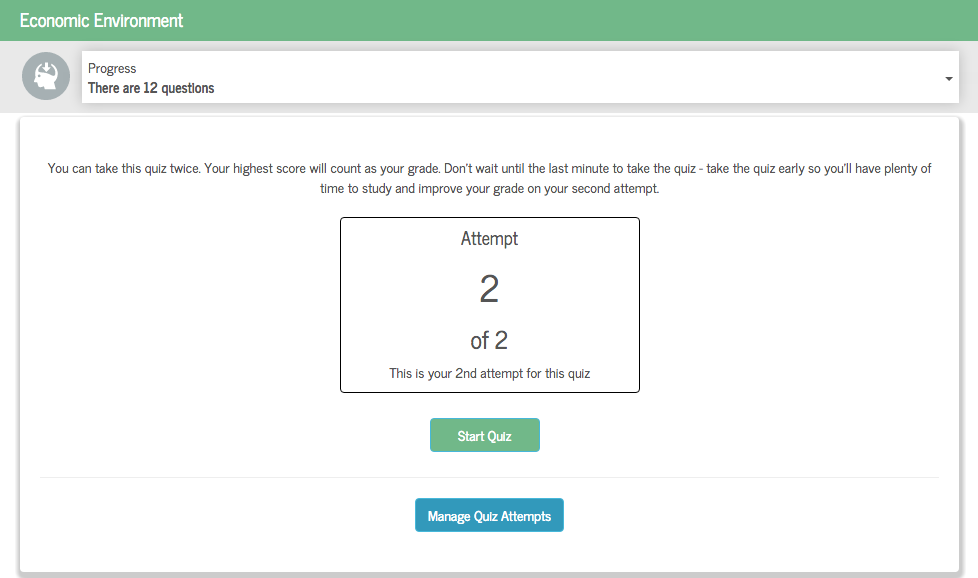 Screenshot of the instructor view of the quiz start page, showing the Manage Quiz Attempts button