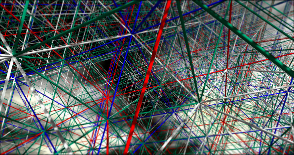 Graphic showing multicolored intersecting lines in three dimensions.
