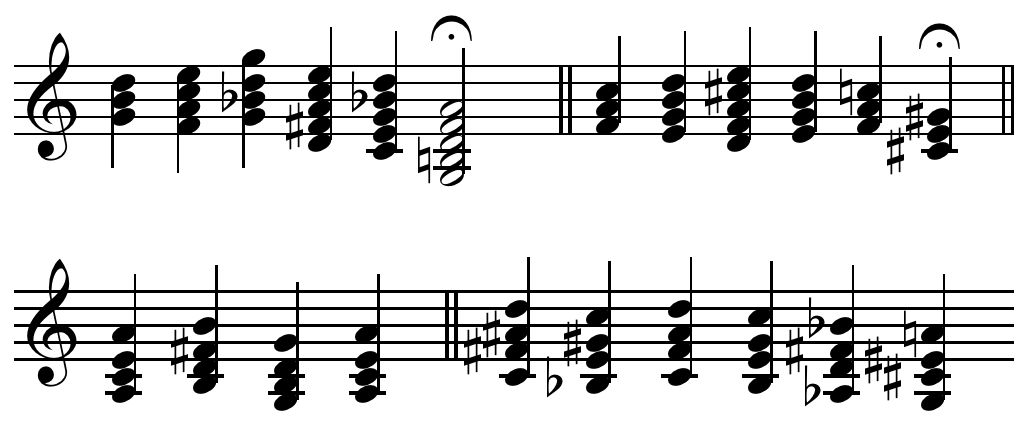 Figure 3.Chords, featuring chromatically altered sevenths and ninths and progressing unconventionally, explored by Debussy in a