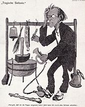  Caricature of Mahler surrounded by comical musical instruments, including a motor horn which he is operating by the use of his feet