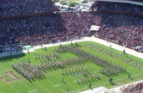 Texas A & M University's marching band in their trademark aTm formation 