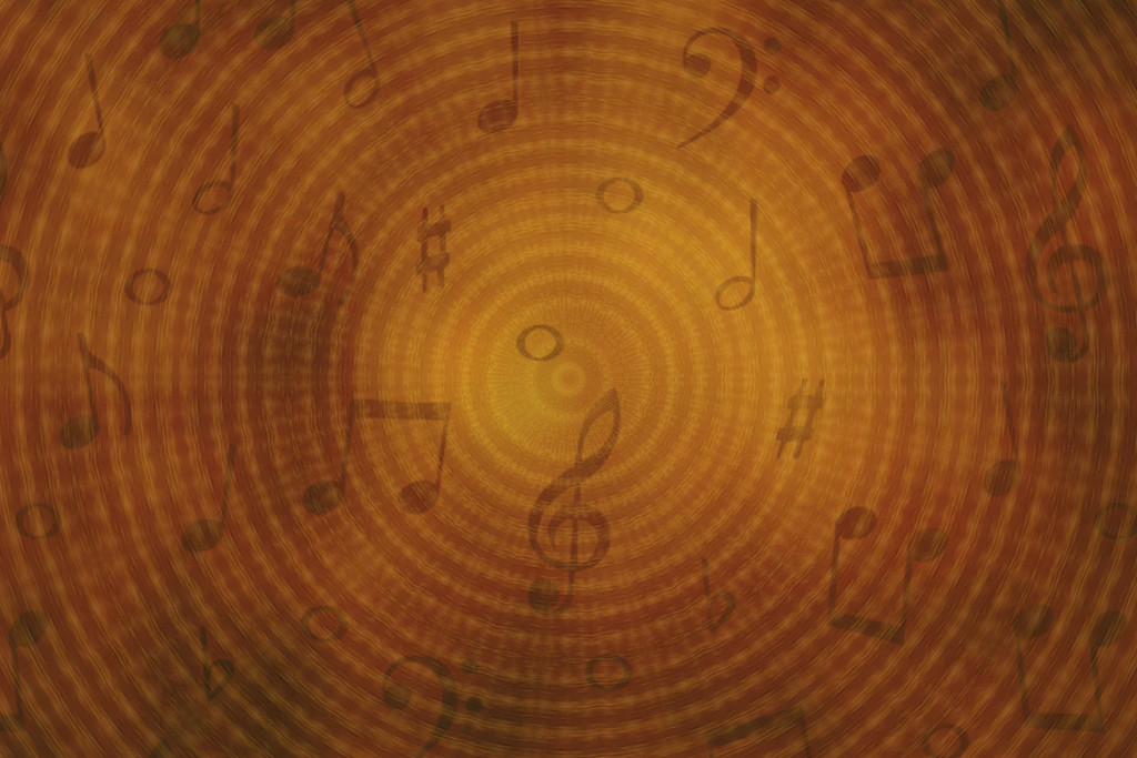 Abstract image of notes swirling around against a sienna background.