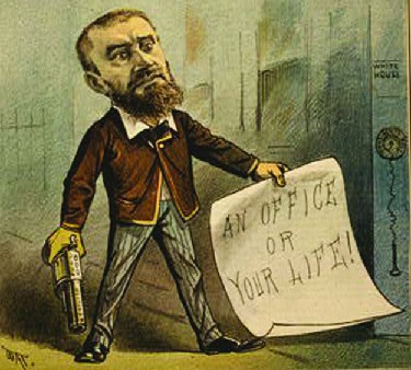 A cartoon of Charles J. Guiteau holding a pistol and a piece of paper that says 